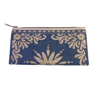 WKND WYFR Blue White Tapestry Boho Floral Clutch Oversized Zipper Top 14" x 7"